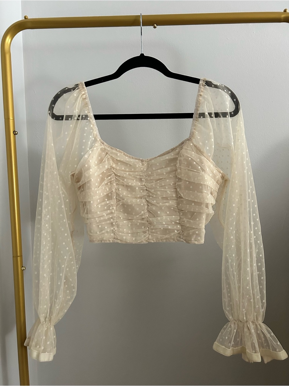 NWOT SHEIN Cream Swiss Dot Mesh Ruched Crop Top M